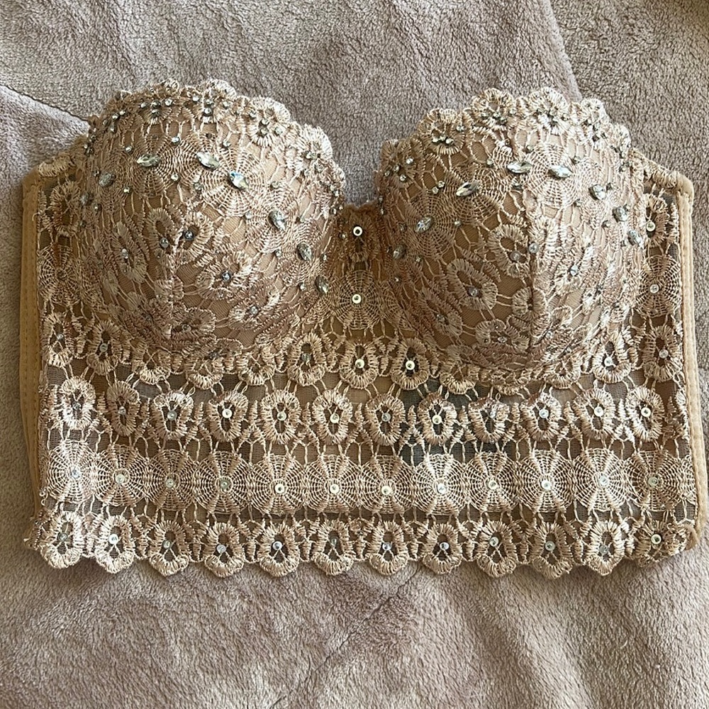 Strapless Crystal Sequin Tan Bustier Corset Top